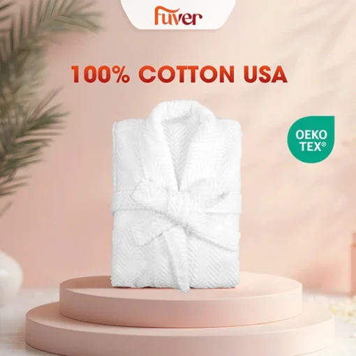 Áo choàng tắm cao cấp Fuver Herringbone màu trắng | 100% Cotton USA