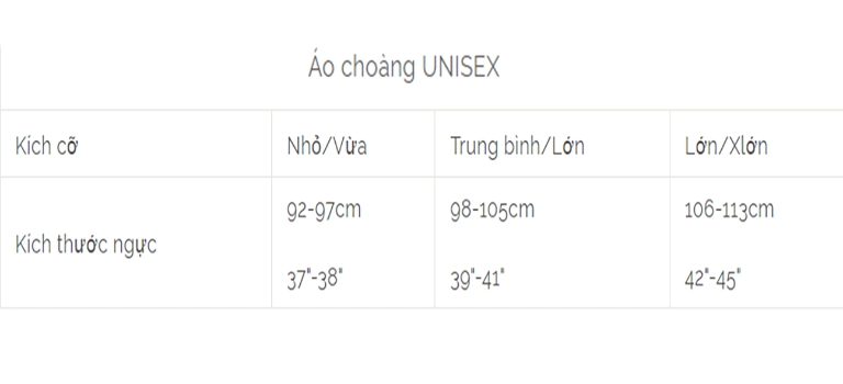 Kích thước áo choàng tắm Unisex