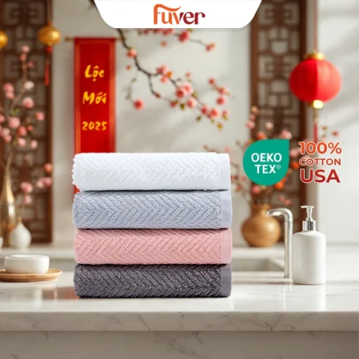 Khăn tắm, Khăn gội cao cấp Fuver Herringbone 40x100cm - 200gr | 100% Cotton USA Mềm Mại, Thấm Hút, Kháng Khuẩn 2025