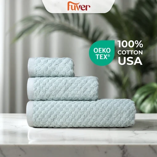 Bộ 3 Khăn tắm, Khăn gội, Khăn mặt cao cấp Fuver Beecomb màu xanh bạc hà