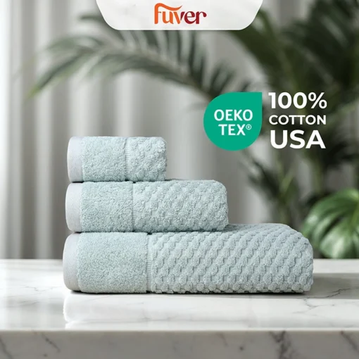 Bộ 3 Khăn tắm, Khăn gội, Khăn mặt cao cấp Fuver Line Beecomb màu xanh bạc hà