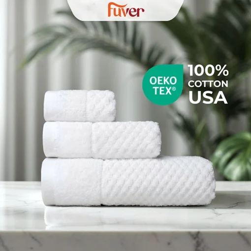 Bộ 3 Khăn tắm, Khăn gội, Khăn mặt cao cấp Fuver Line Beecomb màu trắng