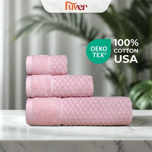 Bộ 3 Khăn tắm, Khăn gội, Khăn mặt cao cấp Fuver Line Beecomb màu hồng