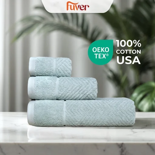 Bộ 3 Khăn tắm, Khăn gội, Khăn mặt cao cấp Fuver Chrevon màu xanh bạc hà