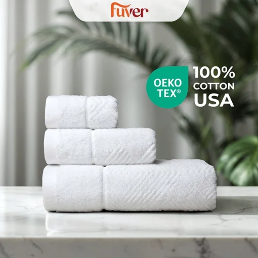 Bộ 3 Khăn tắm, Khăn gội, Khăn mặt cao cấp Fuver Chrevon màu trắng