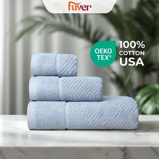 Bộ 3 Khăn tắm, Khăn gội, Khăn mặt cao cấp Fuver Chrevon màu xám nhạt