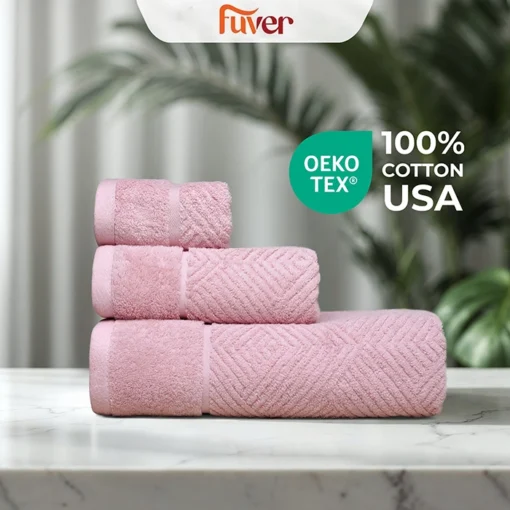 Bộ 3 Khăn tắm, Khăn gội, Khăn mặt cao cấp Fuver Chrevon màu hồng