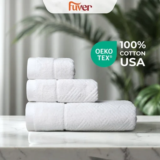 Bộ 3 Khăn tắm, Khăn gội, Khăn mặt cao cấp Fuver Premium Herringbone màu trắng