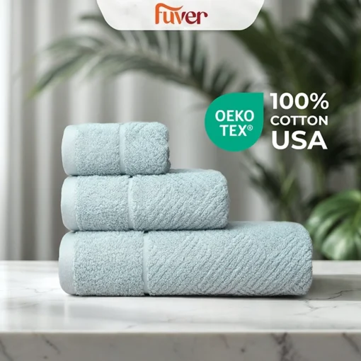 Bộ 3 Khăn tắm, Khăn gội, Khăn mặt cao cấp Fuver Premium Herringbone màu xanh bạc hà